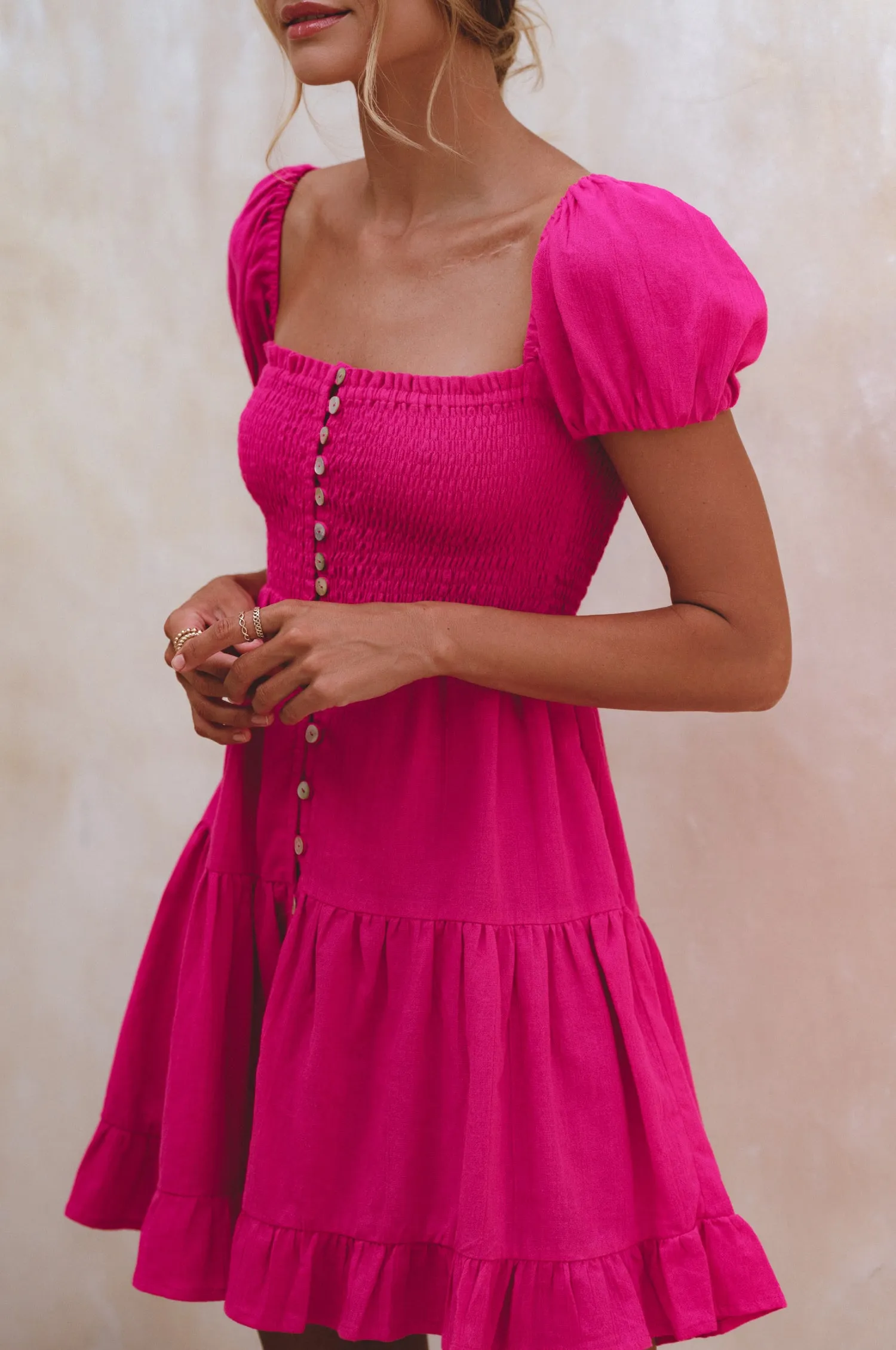 Catalina Smocked Linen Mini Dress - Magenta sold by Folklore Shop product image thumbnail 3