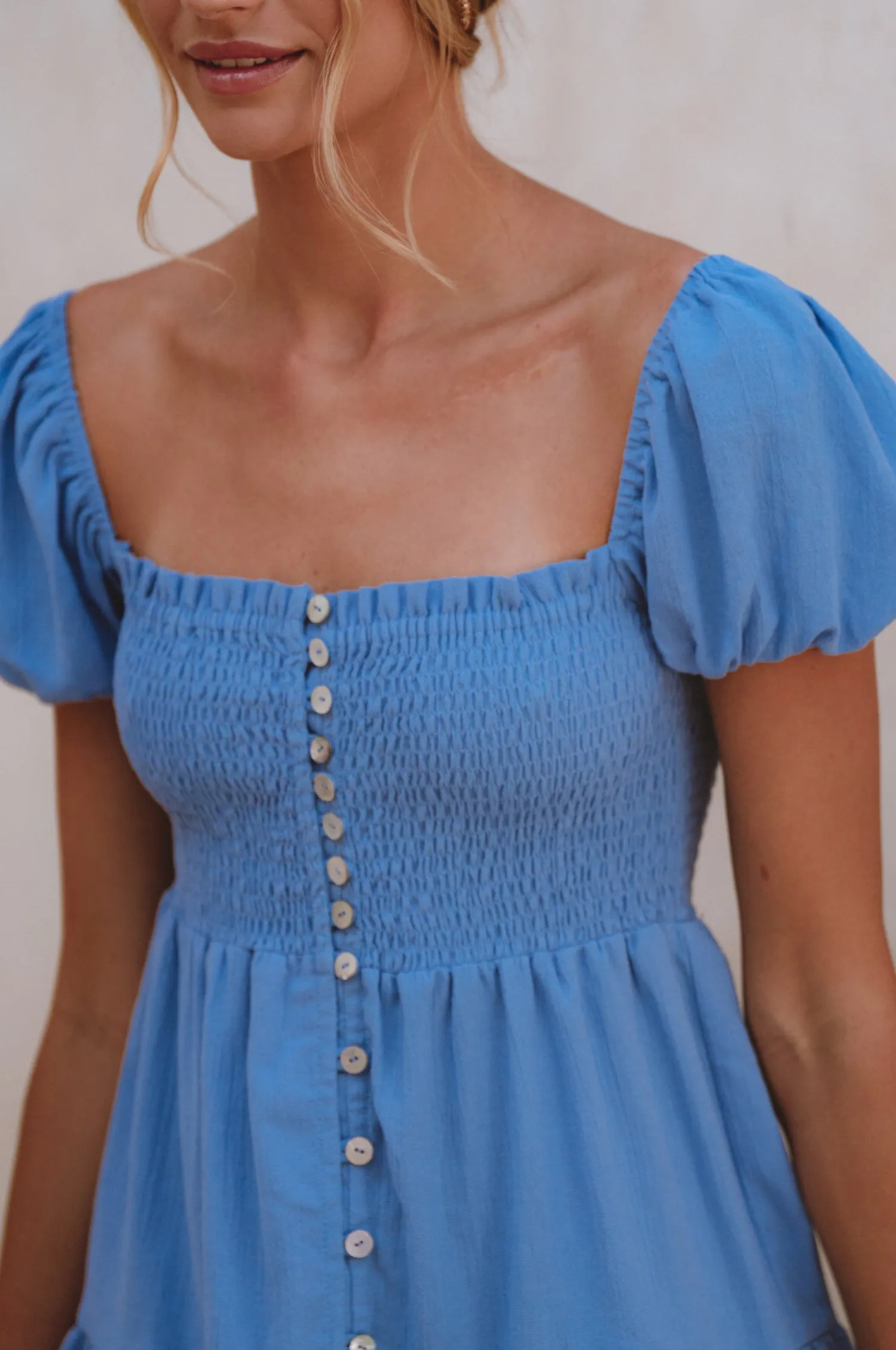 Catalina Smocked Linen Mini Dress - Azure sold by Folklore Shop product image thumbnail 2