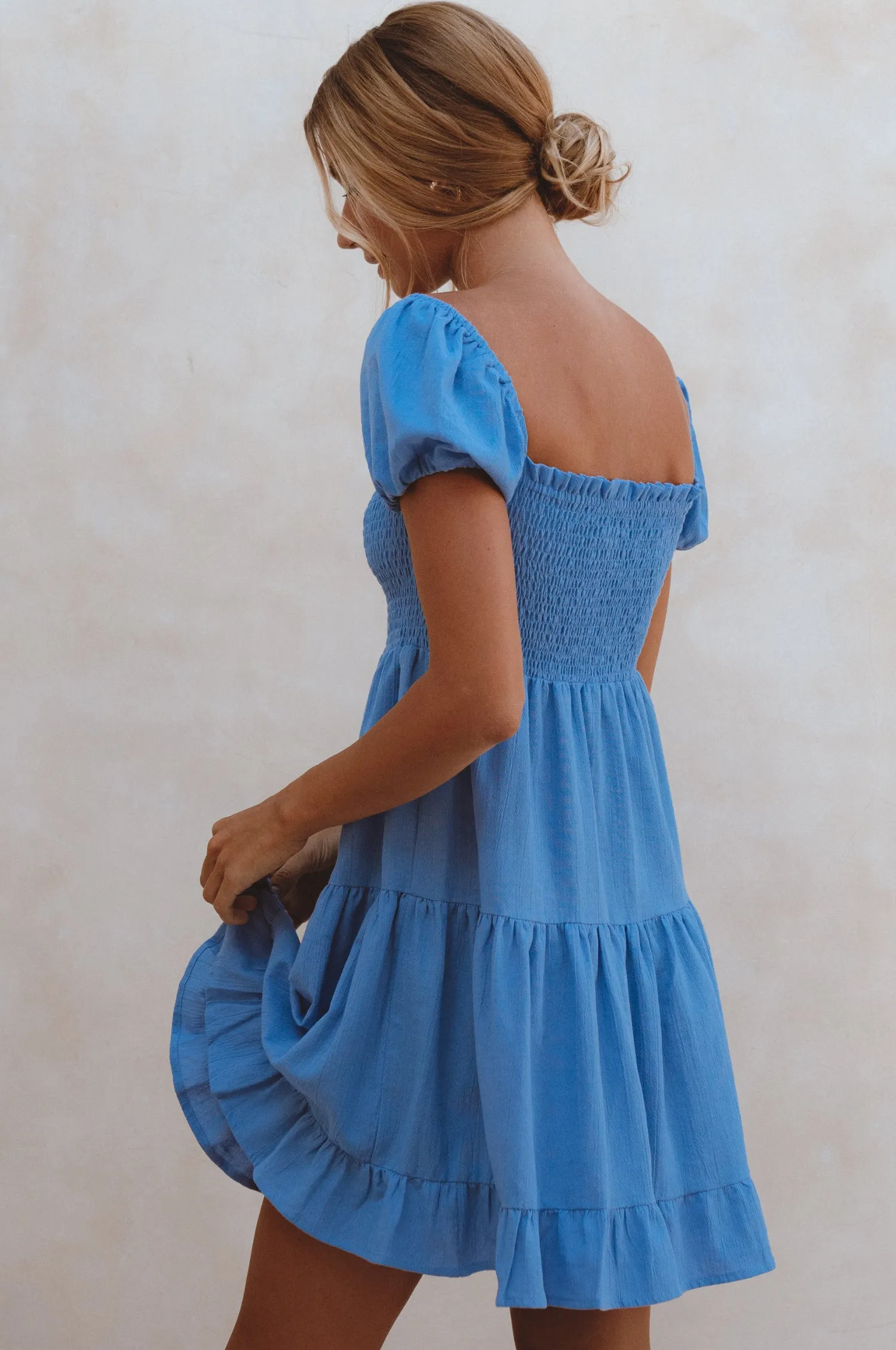 Catalina Smocked Linen Mini Dress - Azure sold by Folklore Shop product image thumbnail 4