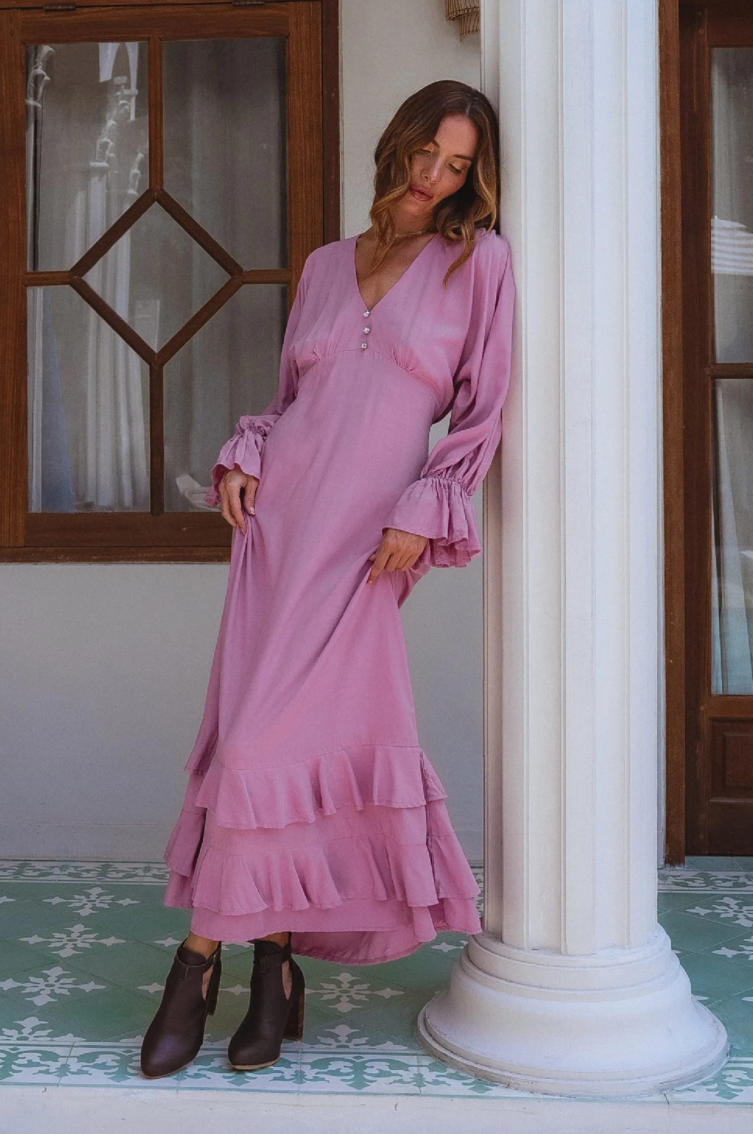 Ava Long Sleeve Ruffle Maxi Dress - Mauve sold by Folklore Shop