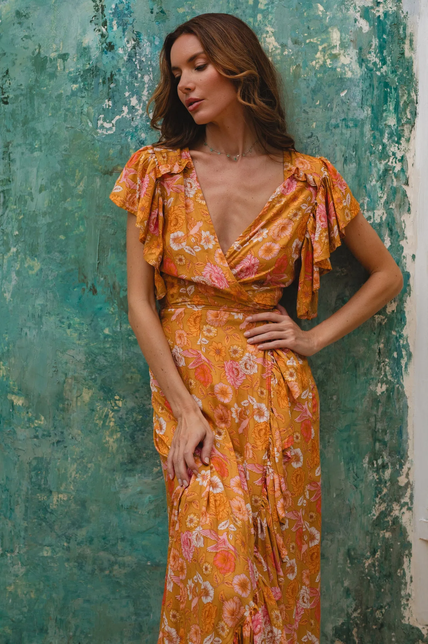 Carmen Wrap Maxi Dress - Golden Birds sold by Folklore Shop product image thumbnail 2