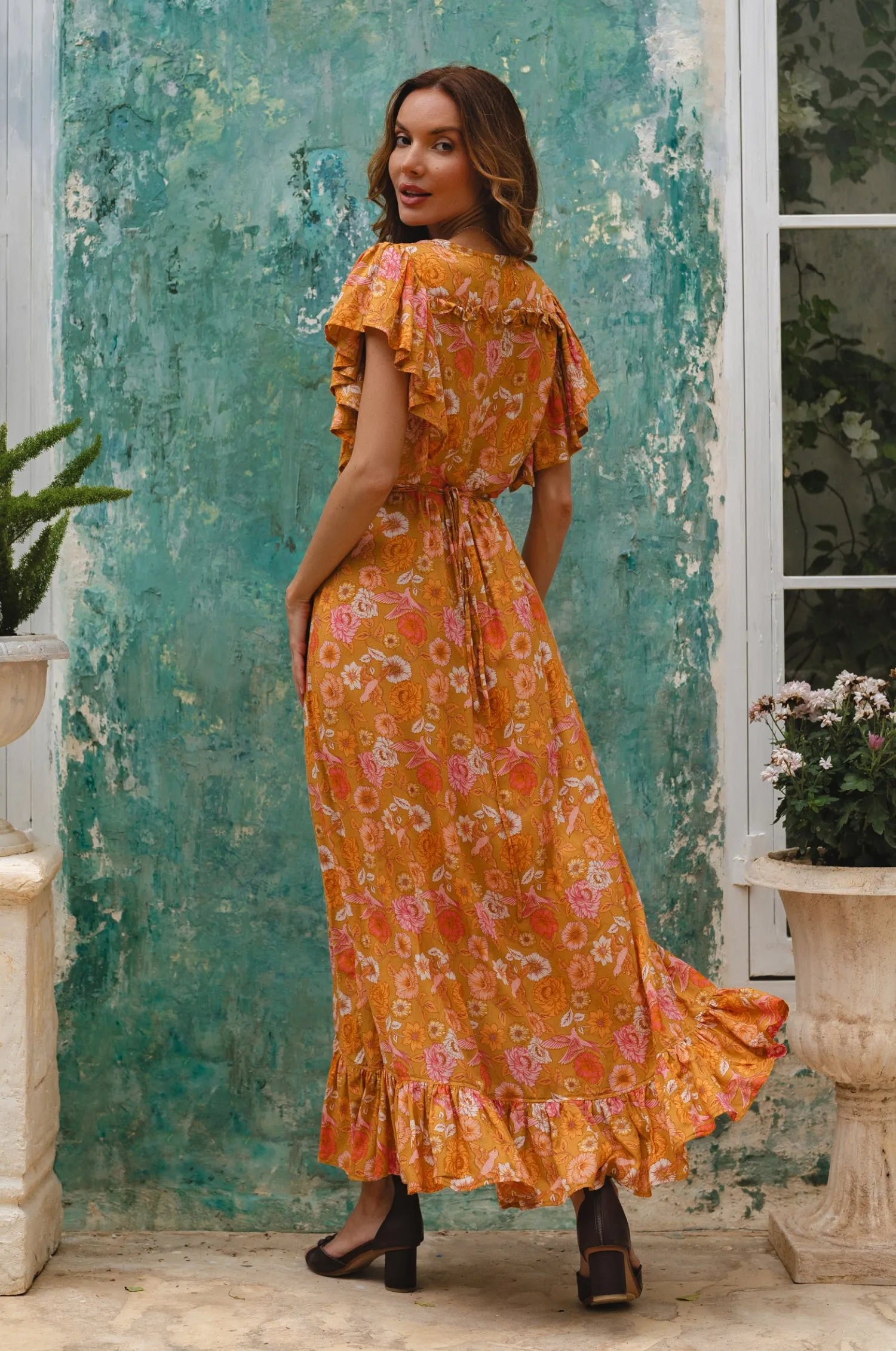 Carmen Wrap Maxi Dress - Golden Birds sold by Folklore Shop product image thumbnail 3
