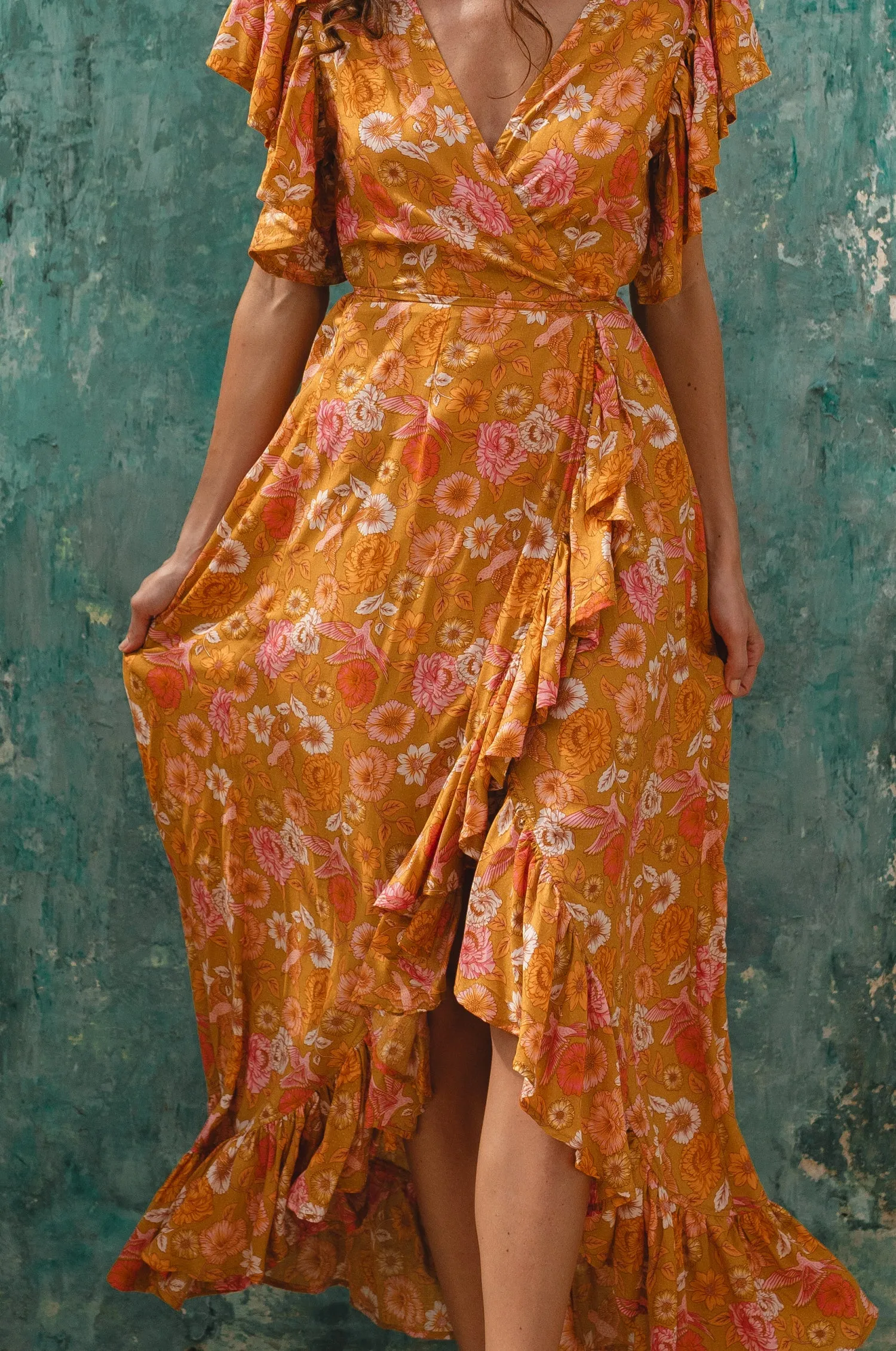 Carmen Wrap Maxi Dress - Golden Birds sold by Folklore Shop product image thumbnail 4