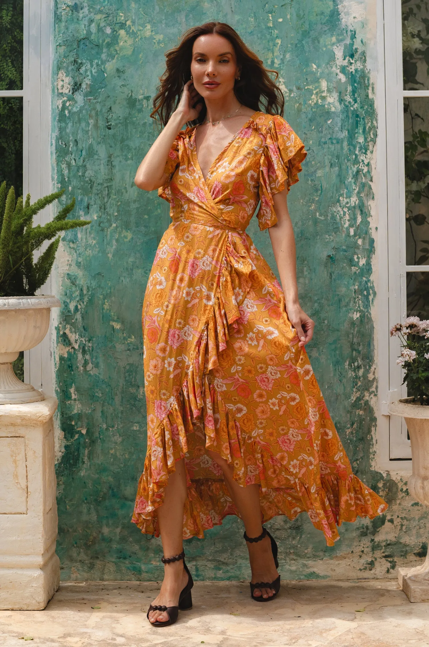 Carmen Wrap Maxi Dress - Golden Birds sold by Folklore Shop