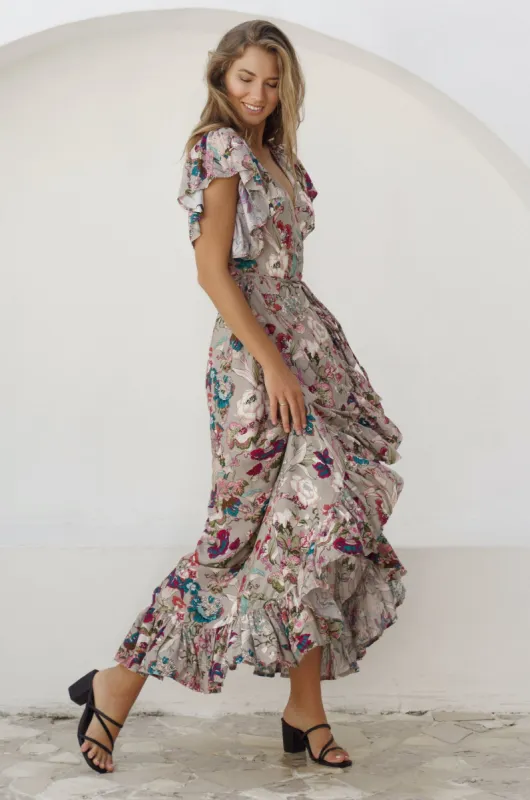 Carmen Wrap Maxi Dress - Beige Floral sold by Folklore Shop