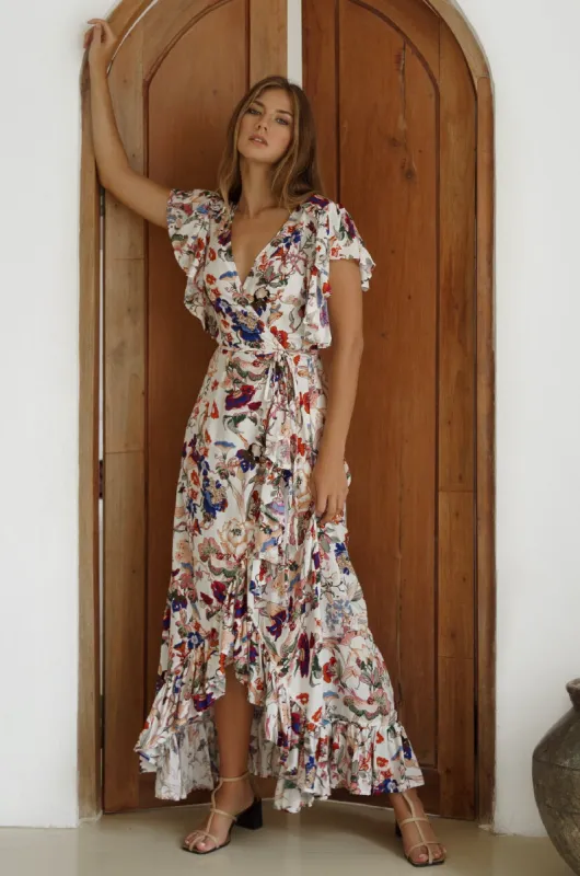 Carmen Wrap Maxi Dress - White Floral sold by Folklore Shop