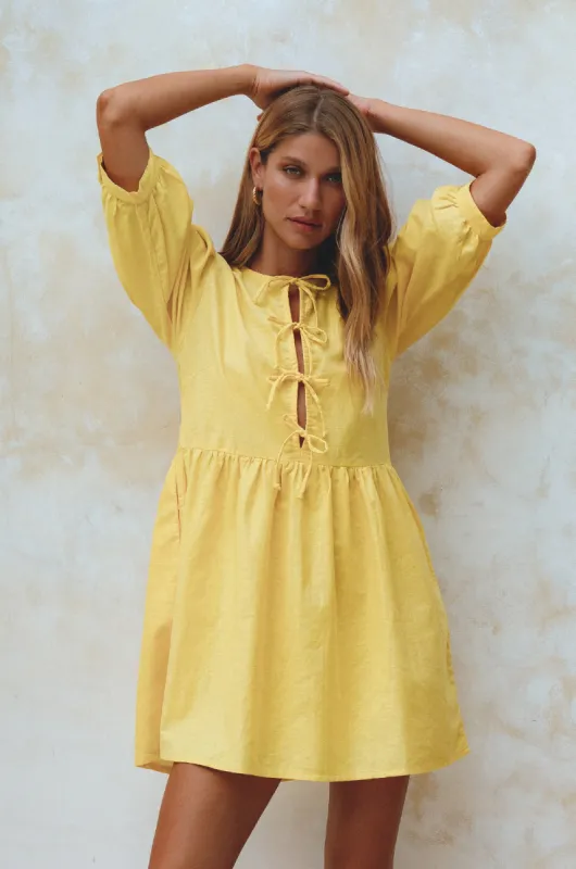 Beatrice Puff Sleeve Linen Mini Dress - Pineapple sold by Folklore Shop