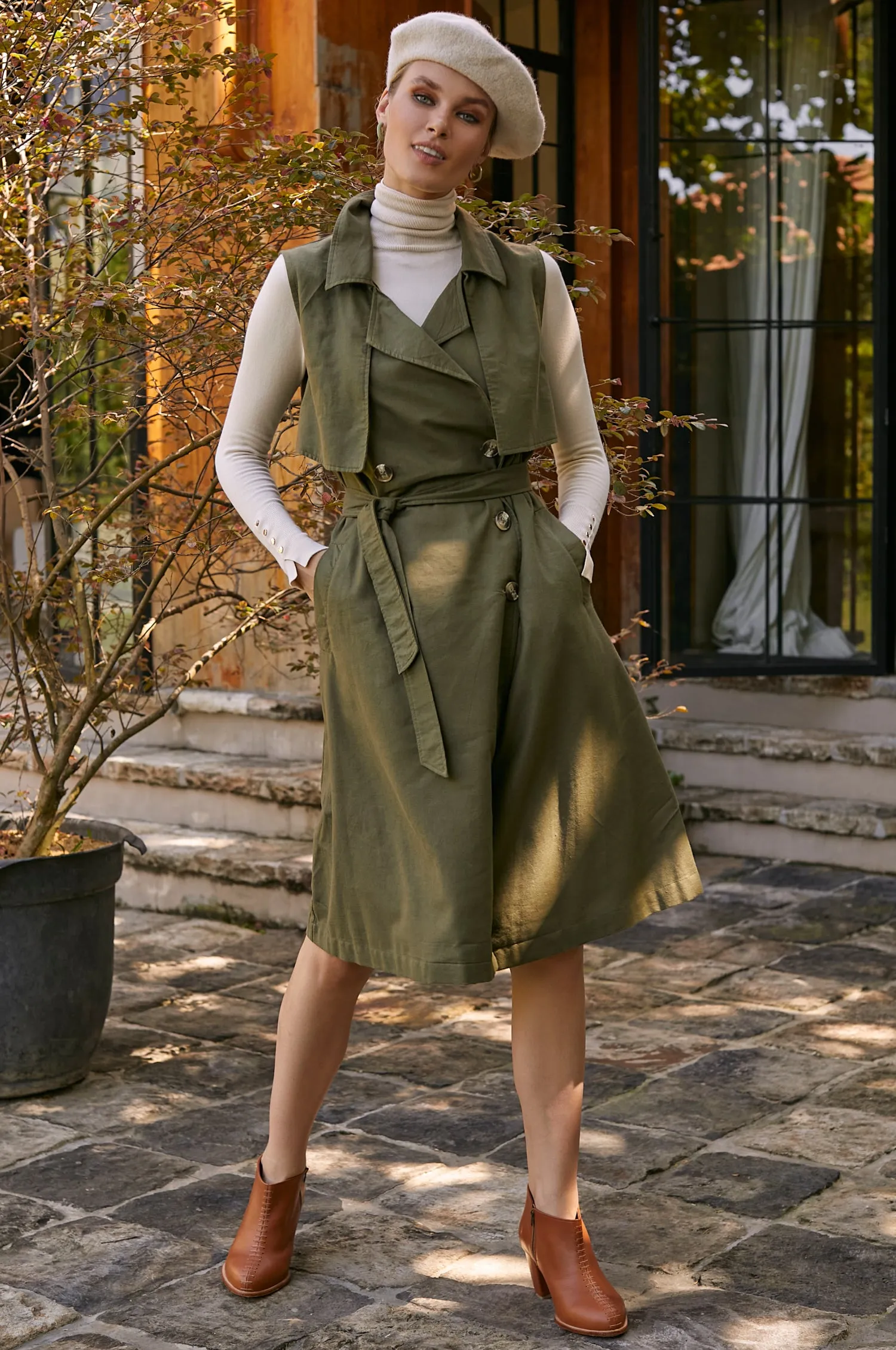 Arden Belted Vest Trench - Olive Green sold by Folklore Shop