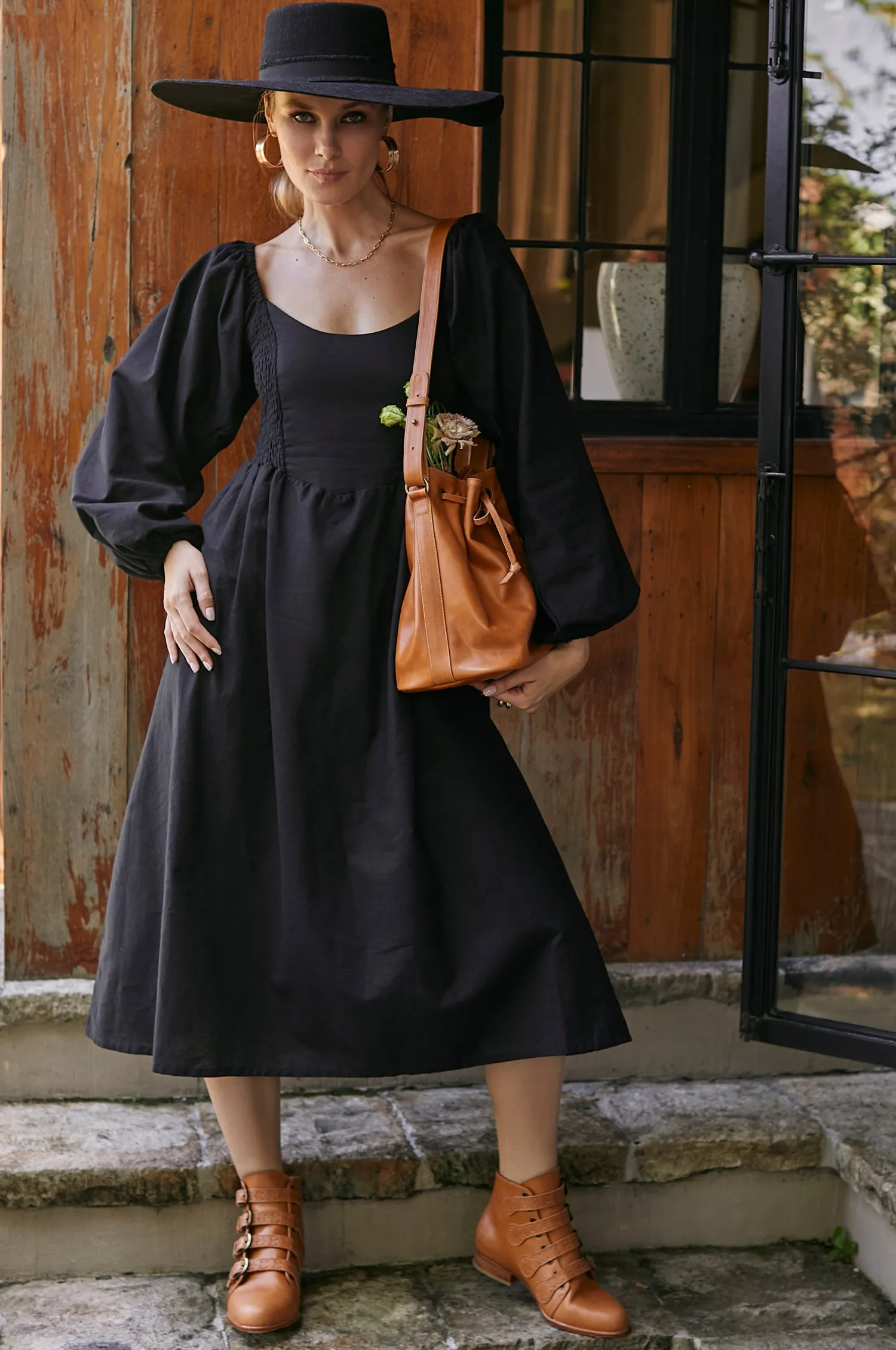 Alila Smocked Linen Midi Dress - Black sold by Folklore Shop