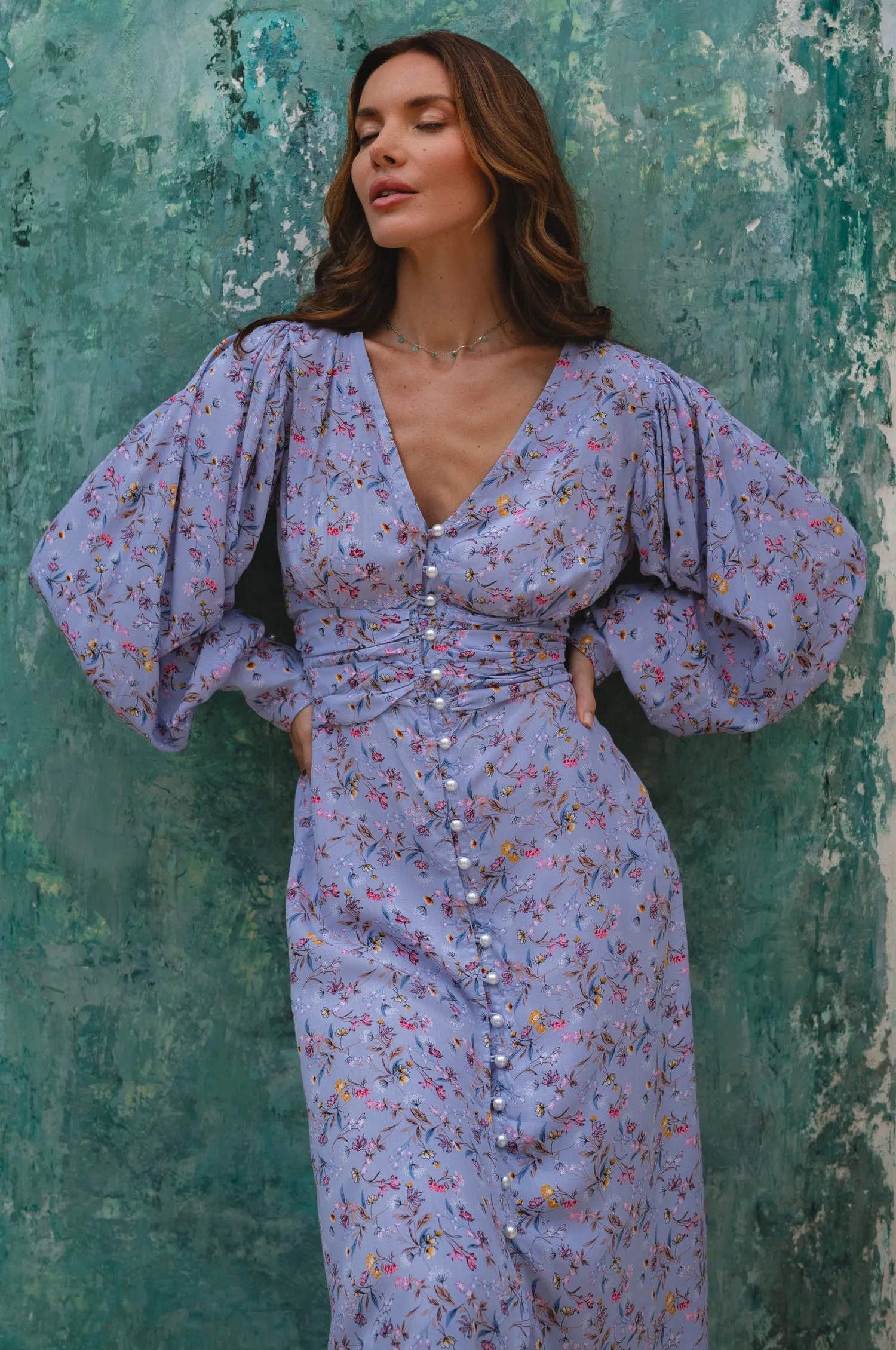 Juliette Pearl Buttons Midi Dress - Lavender Bloom sold by Folklore Shop product image thumbnail 4