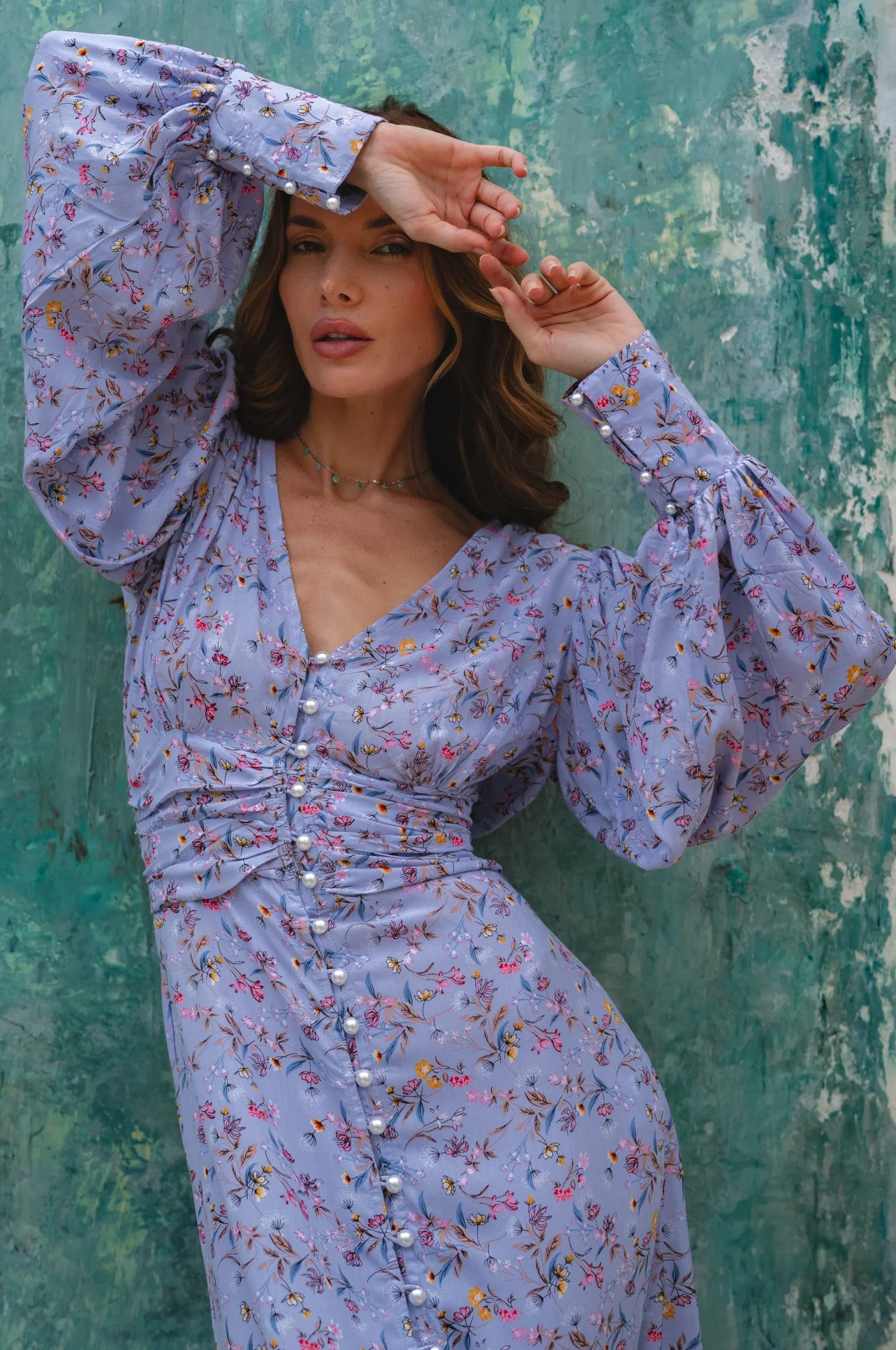 Juliette Pearl Buttons Midi Dress - Lavender Bloom sold by Folklore Shop product image thumbnail 2