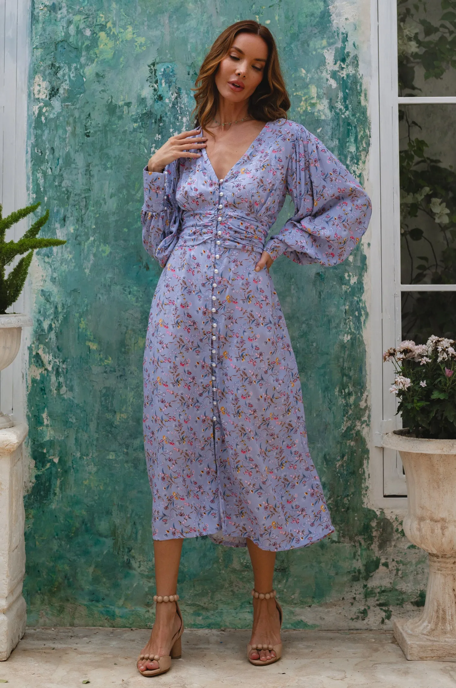 Juliette Pearl Buttons Midi Dress - Lavender Bloom sold by Folklore Shop product image thumbnail 3