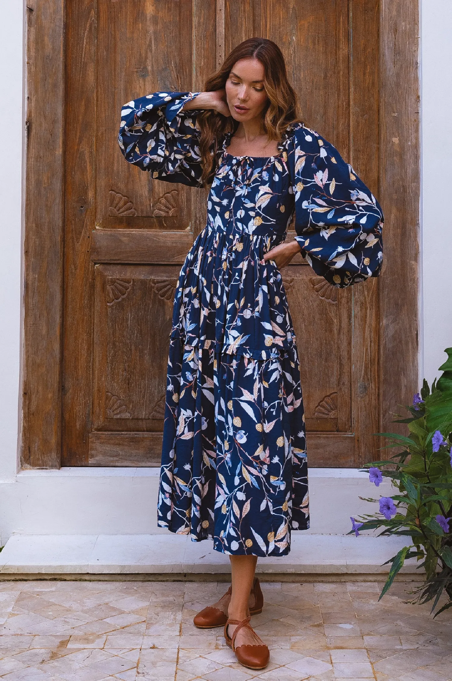 Floriana Long Sleeve Midi Dress - Elise Majorelle sold by Folklore Shop