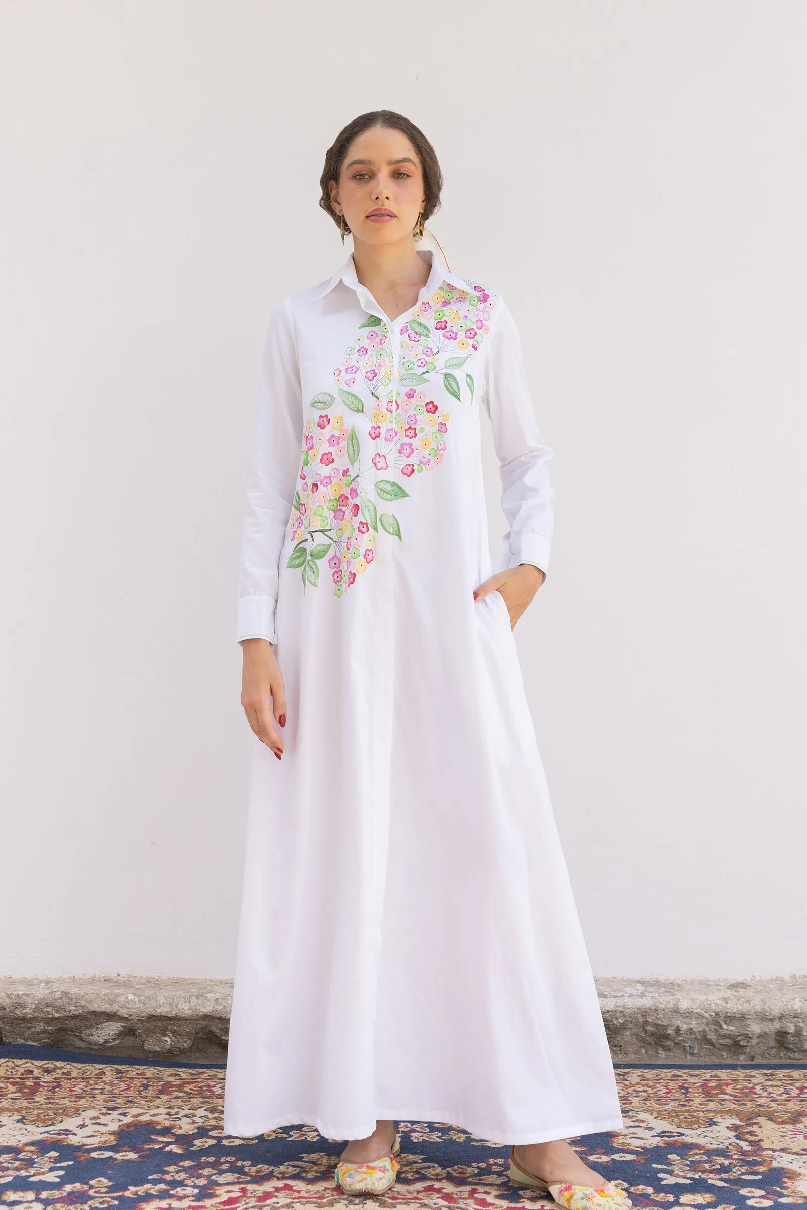 LANTANA HAND PAINTED MULTI FLORAL SHIRT DRESS sold by Folklore Shop product image thumbnail 4