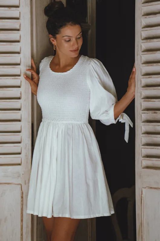 Jolie Puff Sleeve Linen Mini Dress  - White sold by Folklore Shop