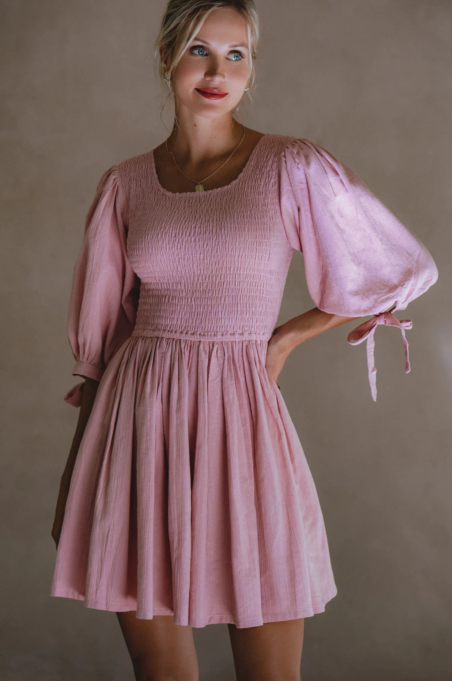 Jolie Puff Sleeve Linen Mini Dress - Rose sold by Folklore Shop product image thumbnail 5