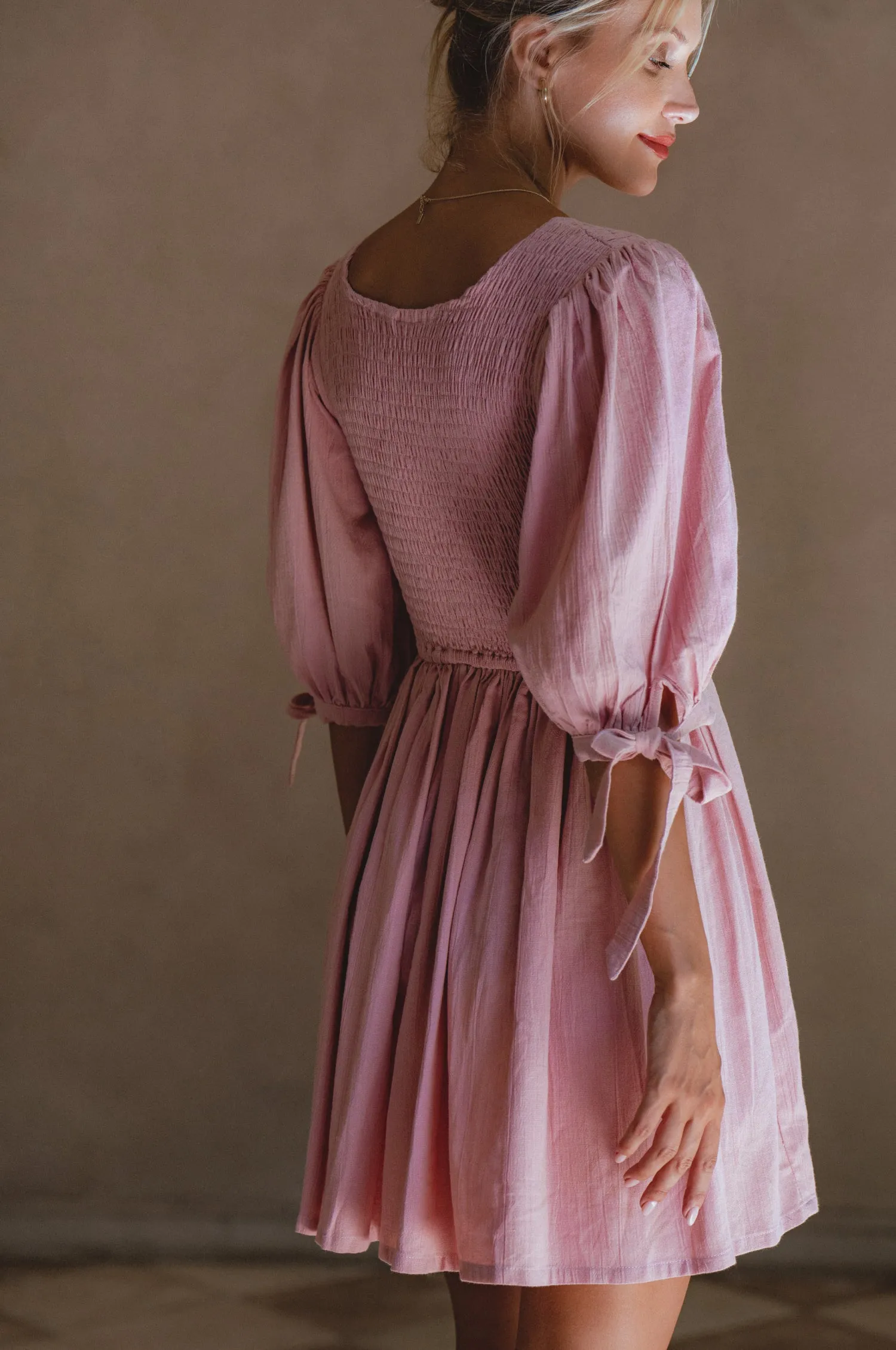 Jolie Puff Sleeve Linen Mini Dress - Rose sold by Folklore Shop product image thumbnail 3