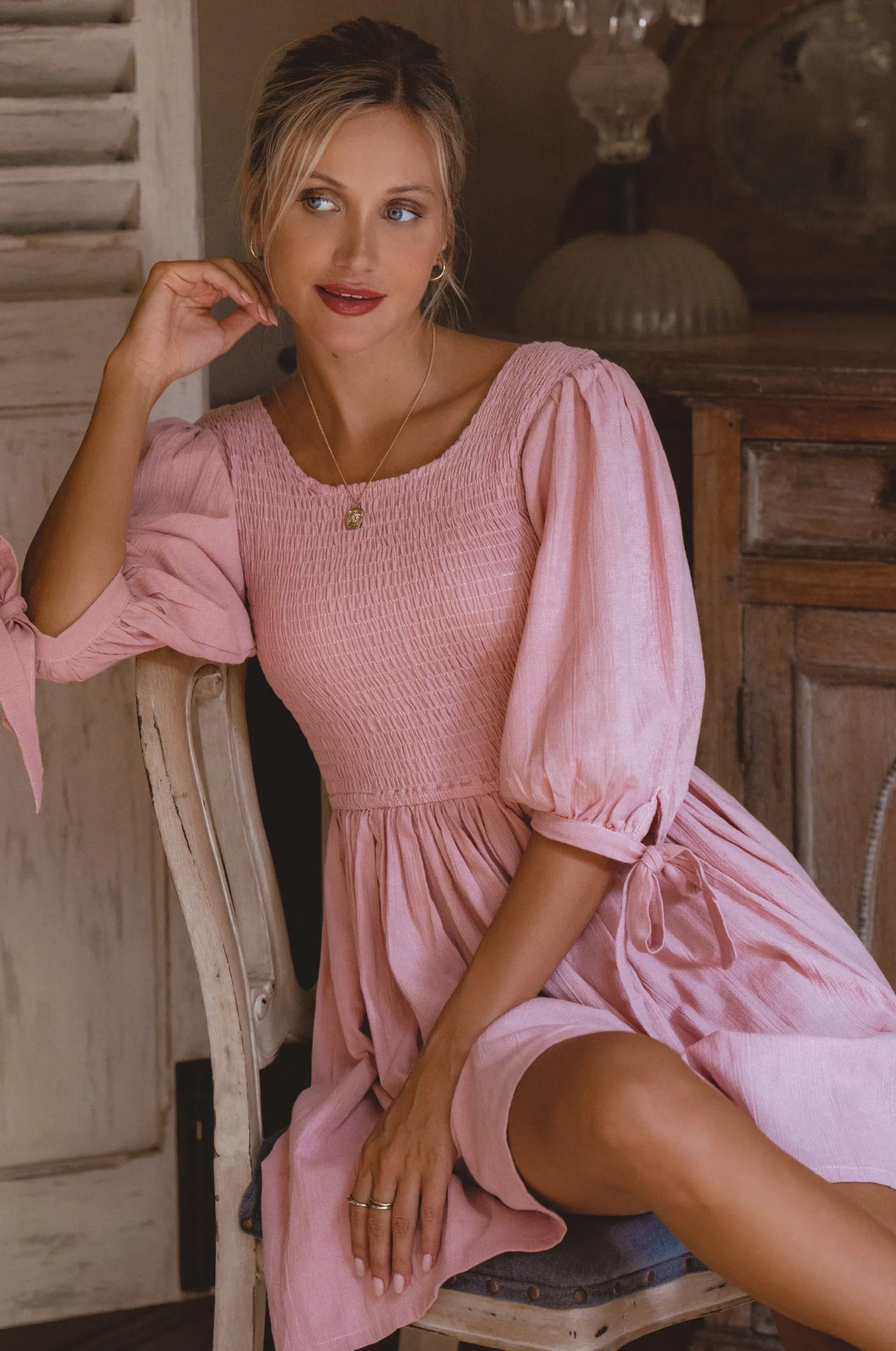 Jolie Puff Sleeve Linen Mini Dress - Rose sold by Folklore Shop product image thumbnail 4