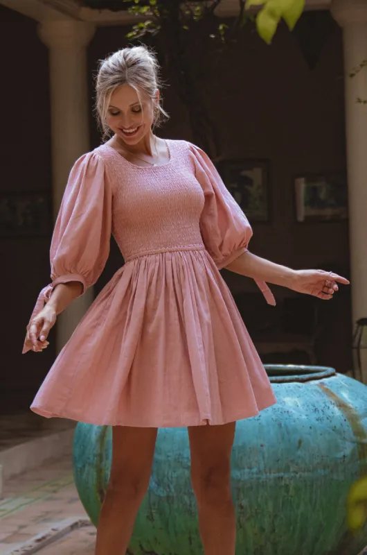 Jolie Puff Sleeve Linen Mini Dress  - Rose sold by Folklore Shop