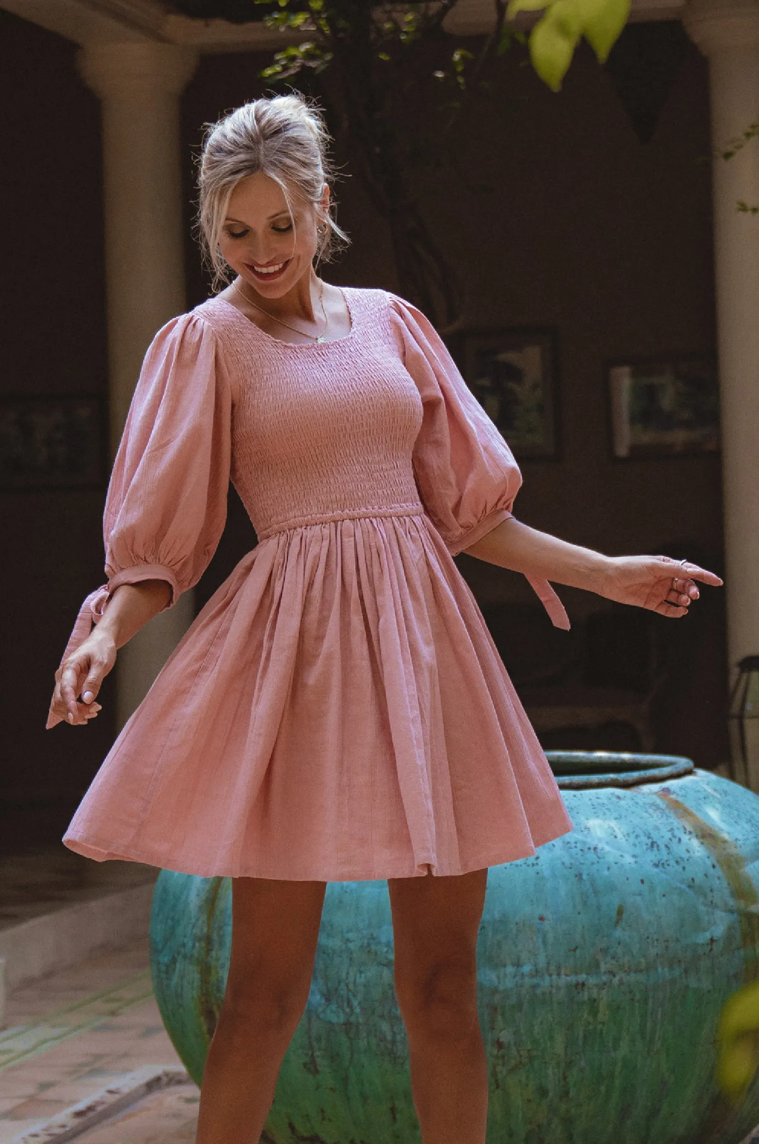 Jolie Puff Sleeve Linen Mini Dress - Rose sold by Folklore Shop