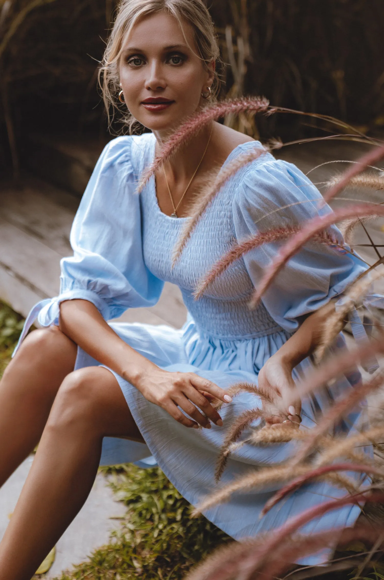 Jolie Puff Sleeve Linen Mini Dress - Ciel sold by Folklore Shop product image thumbnail 5