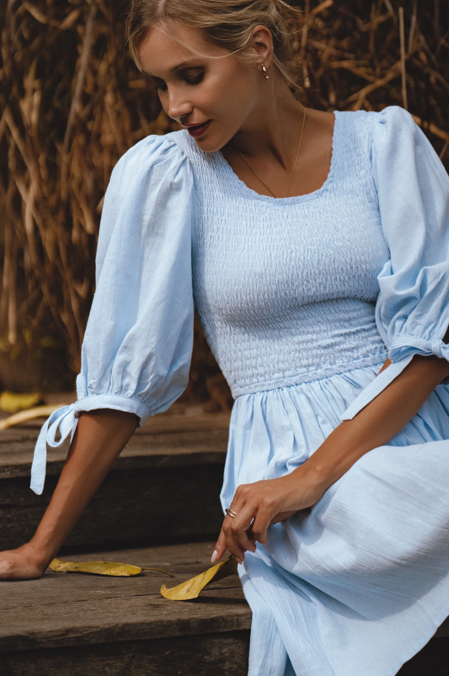 Jolie Puff Sleeve Linen Mini Dress - Ciel sold by Folklore Shop product image thumbnail 4