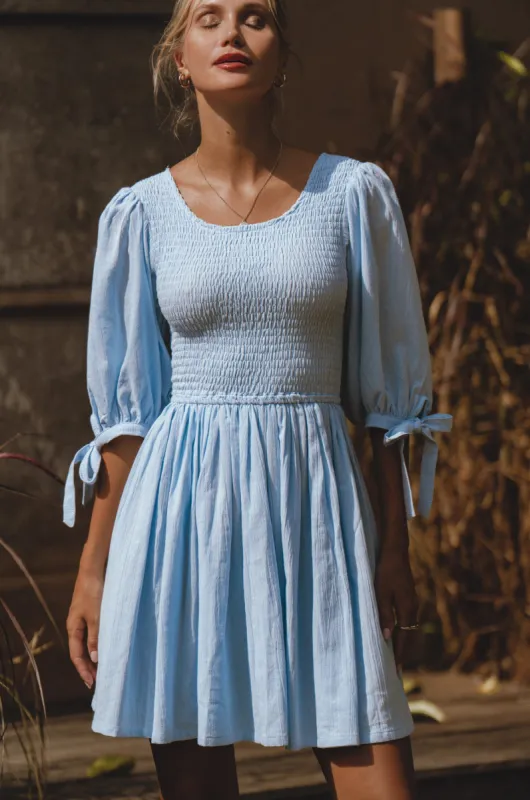 Jolie Puff Sleeve Linen Mini Dress  - Ciel sold by Folklore Shop