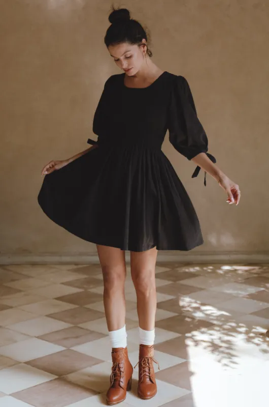 Jolie Puff Sleeve Linen Mini Dress  - Black sold by Folklore Shop