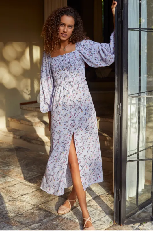 Love Story Smocked Off Shoulder Dress - Lavender Bloom sold by Folklore Shop