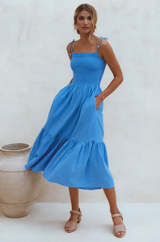 Paradiso Strappy Linen Midi Dress - Azure sold by Folklore Shop