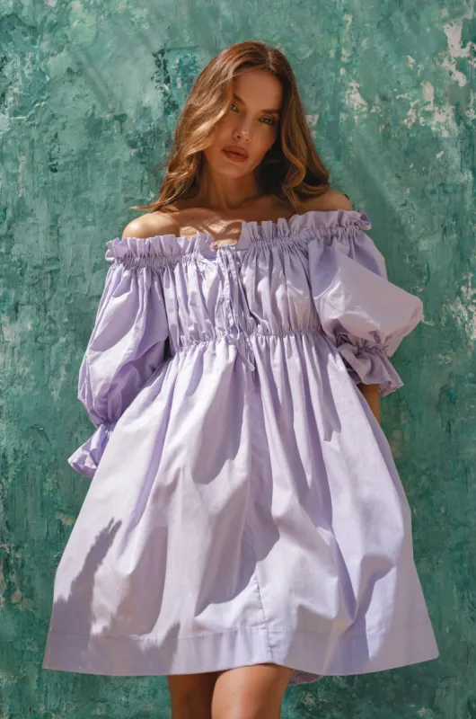 Vacay Off Shoulder Cotton Mini Dress - Lavender sold by Folklore Shop