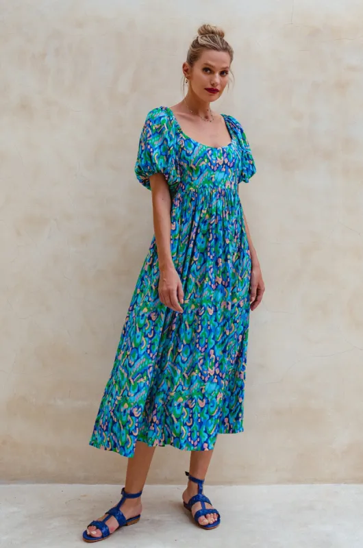 Violeta Puff Sleeve Midi Dress - Blue Sea sold by Folklore Shop