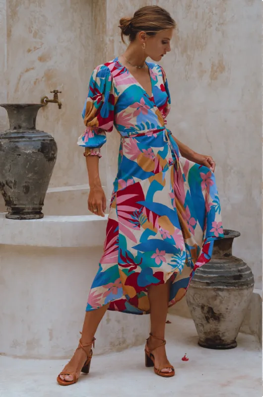 Set Sail Puff Sleeve Wrap Cotton Dress - Havana sold by Folklore Shop