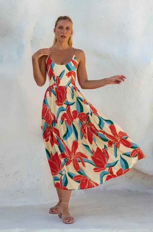 Sea Dreamer Strappy Midi Dress - Red Hibiscus sold by Folklore Shop