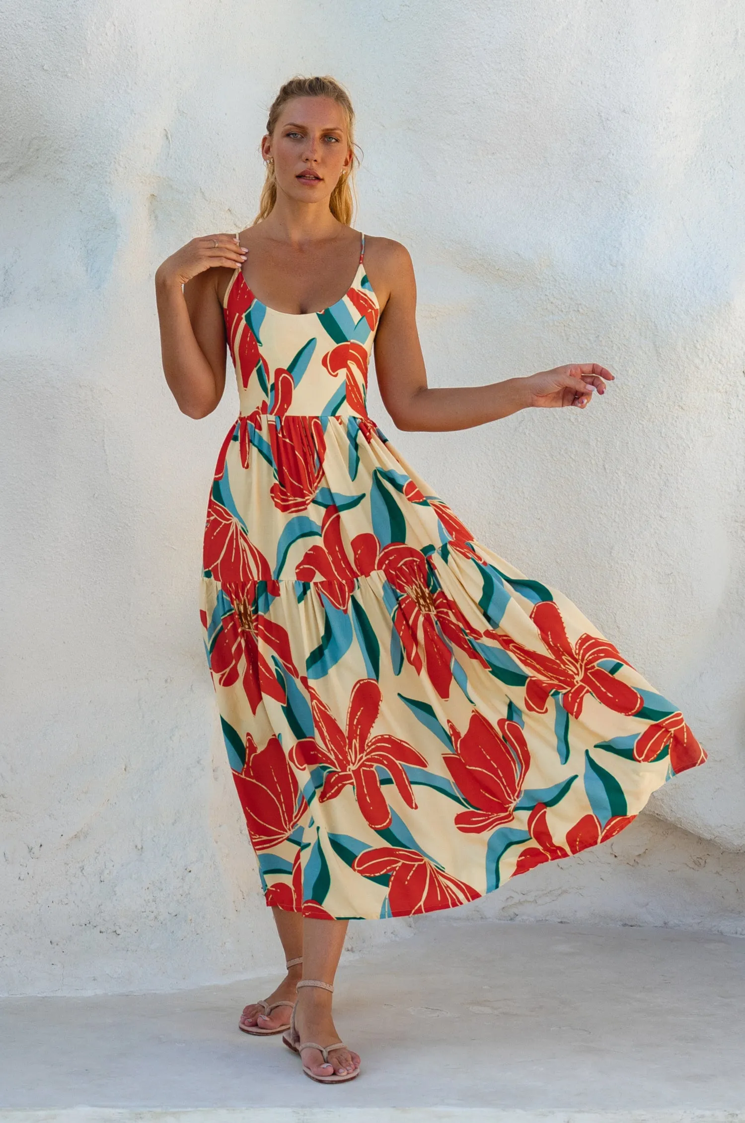 Sea Dreamer Strappy Midi Dress - Red Hibiscus sold by Folklore Shop