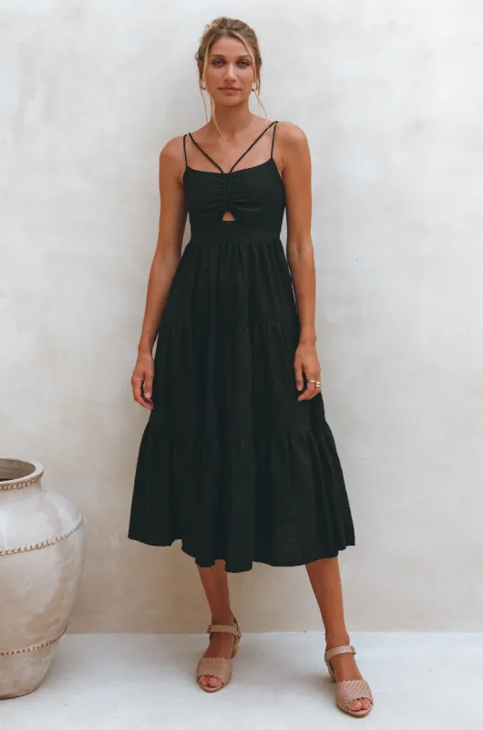 Rafaela Strappy Linen Midi Dress - Black sold by Folklore Shop