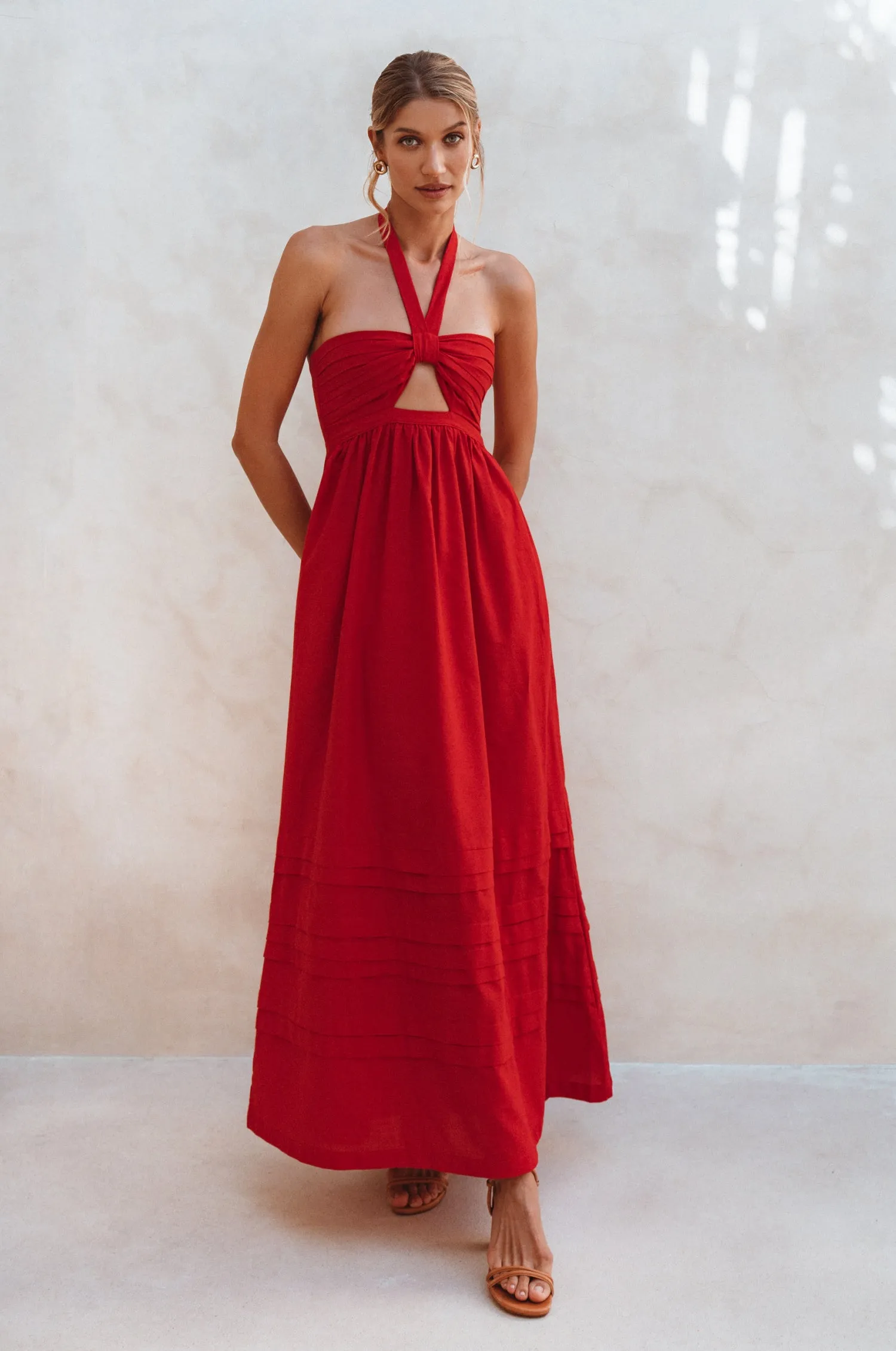 Penelope Halter Linen Maxi Dress - Red sold by Folklore Shop