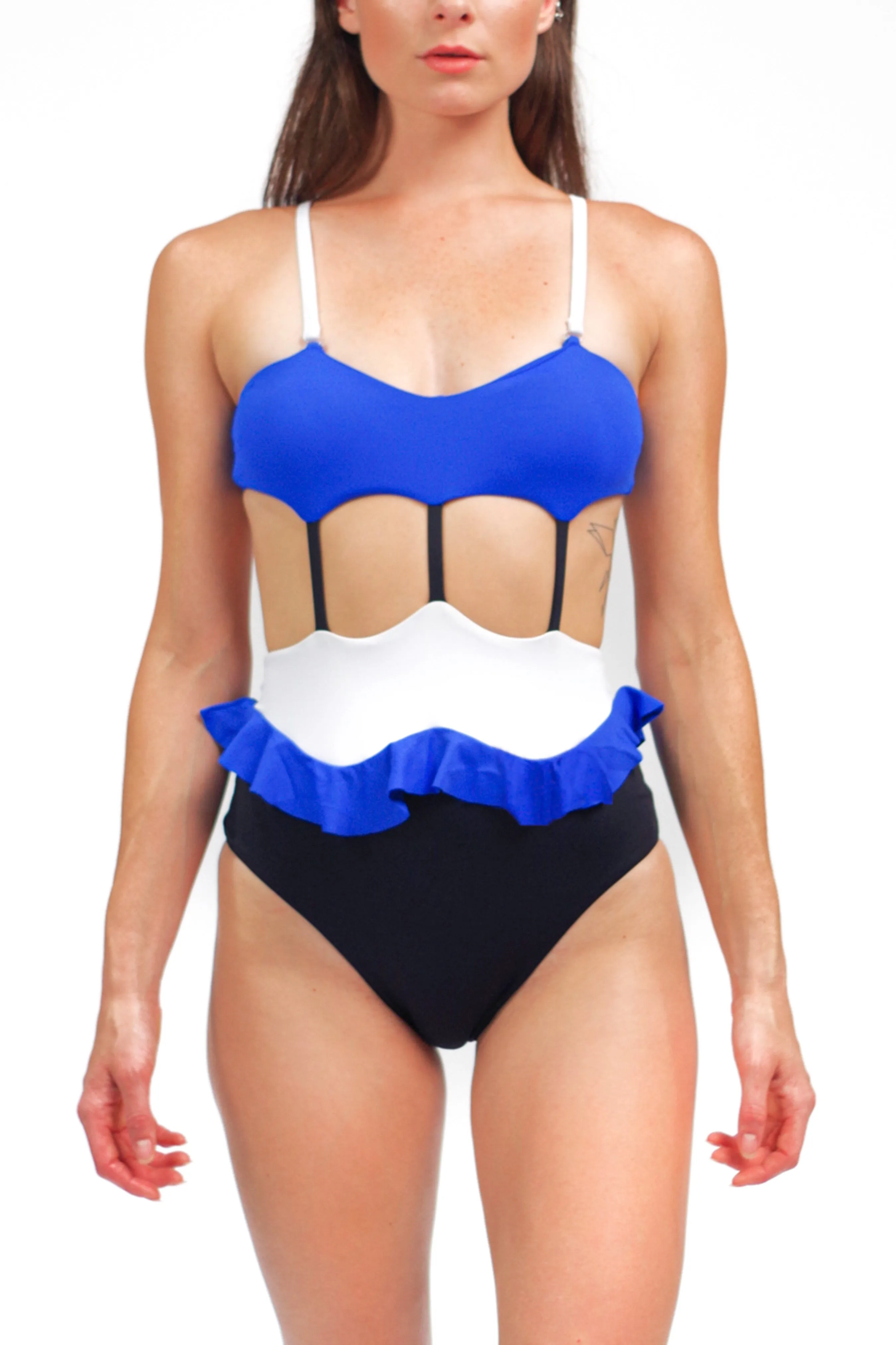 Mitchy one piece swimsuit with ruffle waist and convertible straps sold by Folklore Shop