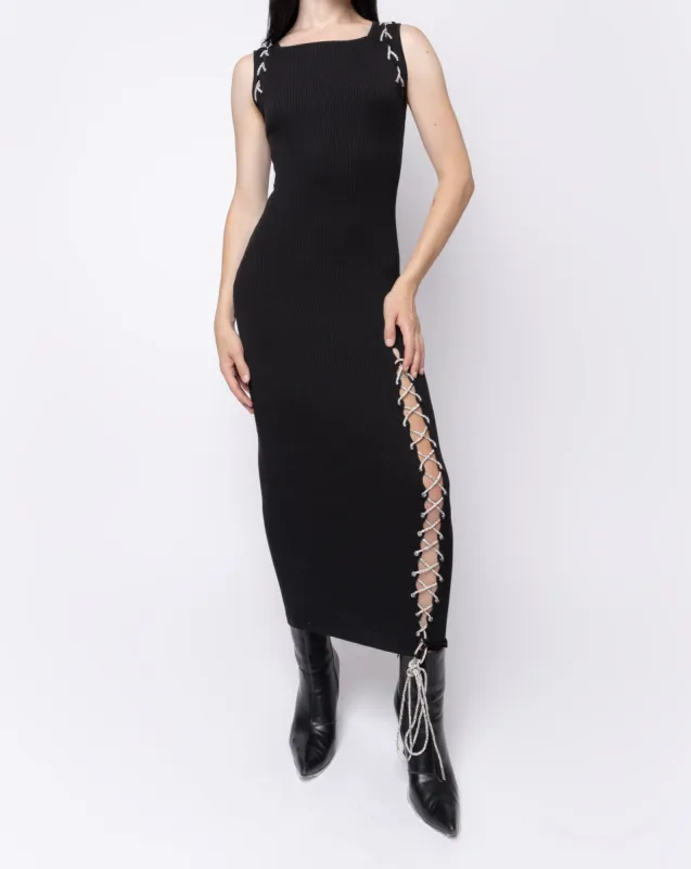 Rhinestone Lace Up Square Neck Midi Dress sold by Folklore Shop