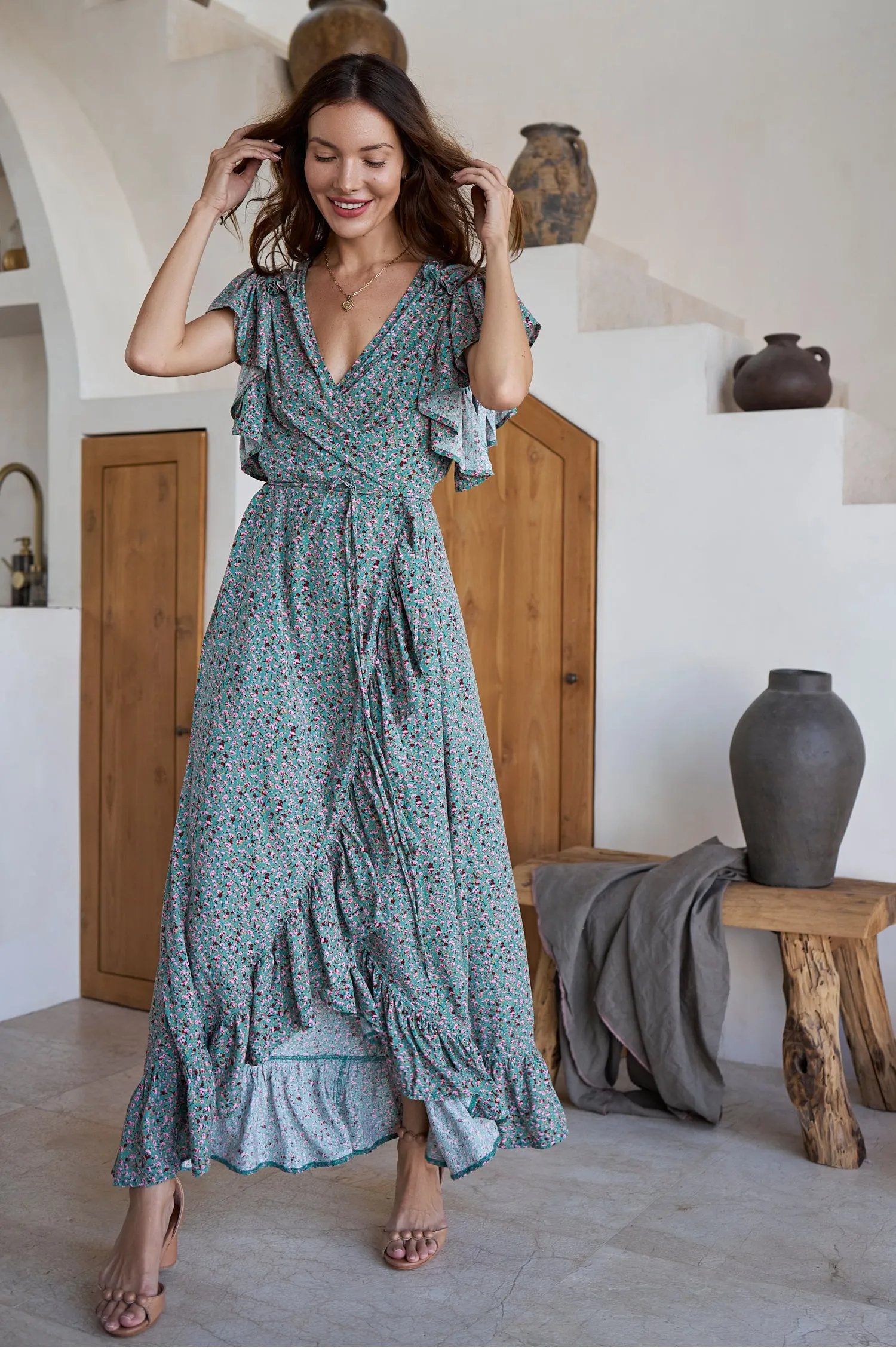 Carmen Wrap Maxi Dress - Green Fields sold by Folklore Shop