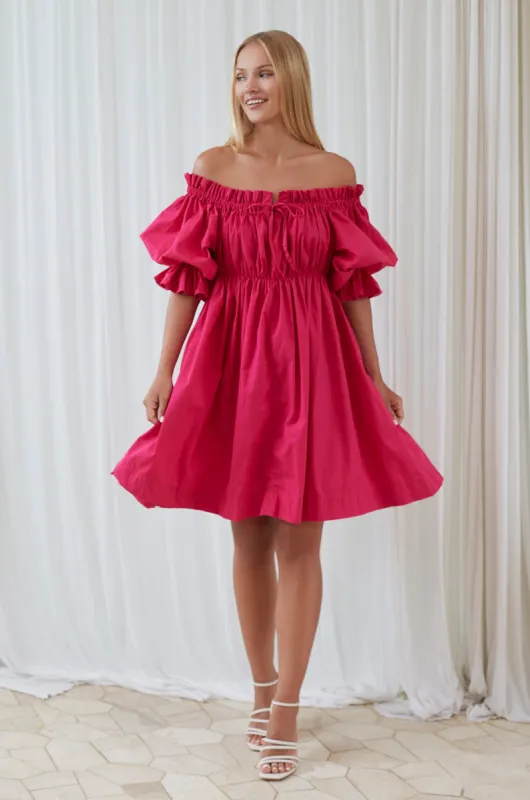 Vacay Off Shoulder Cotton Mini Dress - Fuchsia sold by Folklore Shop