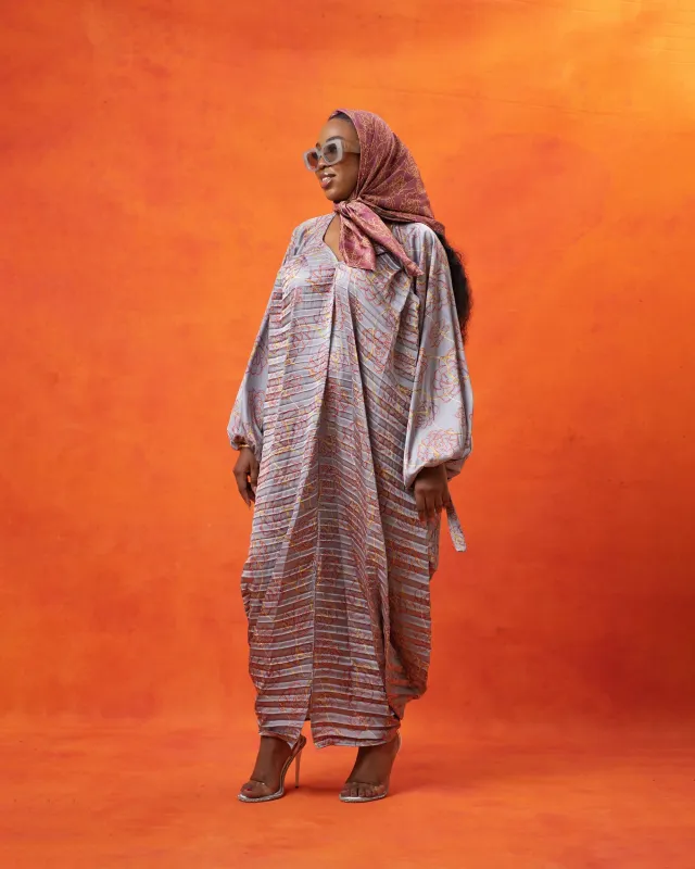 Grey Kintsu Print Peacock Maxi Dress sold by Folklore Shop