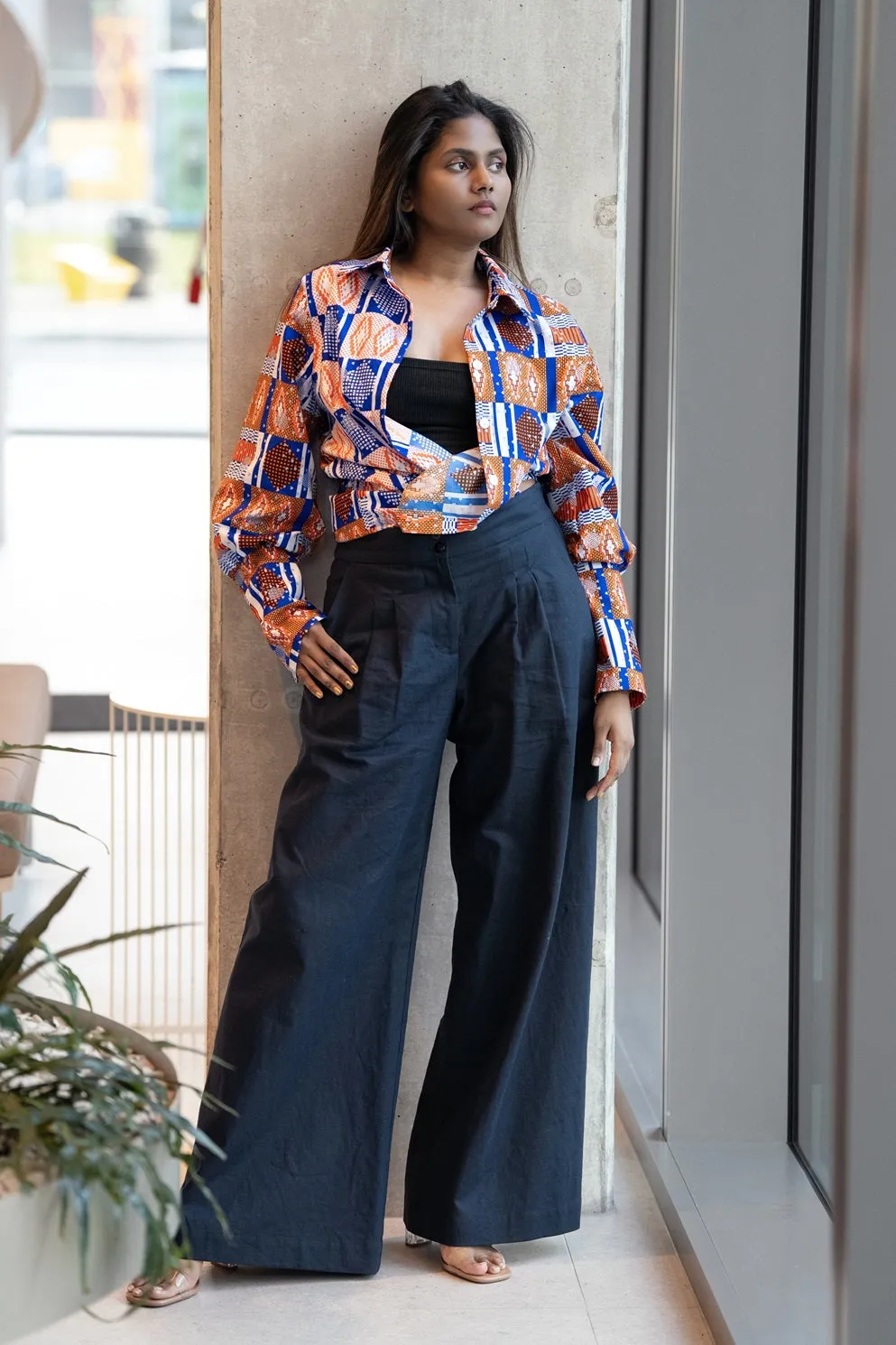 Navy Blue Linen Wide-Leg Pants sold by Folklore Shop