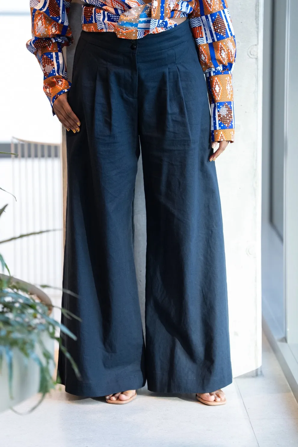 Navy Blue Linen Wide-Leg Pants sold by Folklore Shop product image thumbnail 2