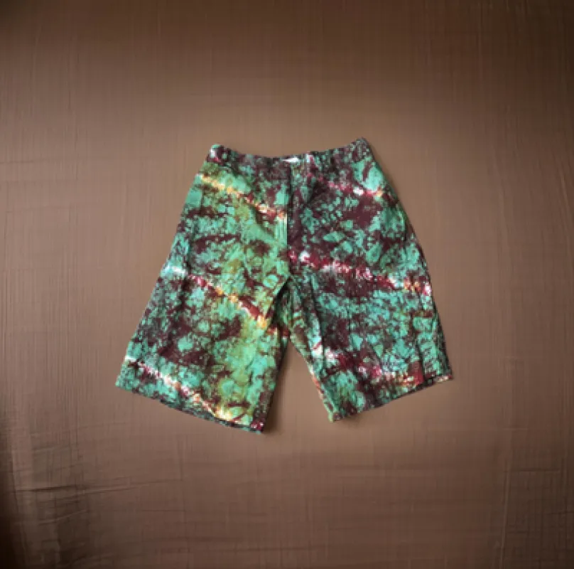Dark Red and Green Tie Die Long Shorts sold by Folklore Shop
