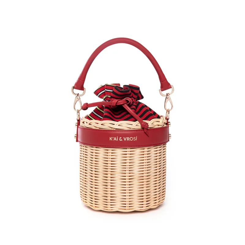 Red Leather & Straw Bucket Bag with Drawstring made by Folklore Shop