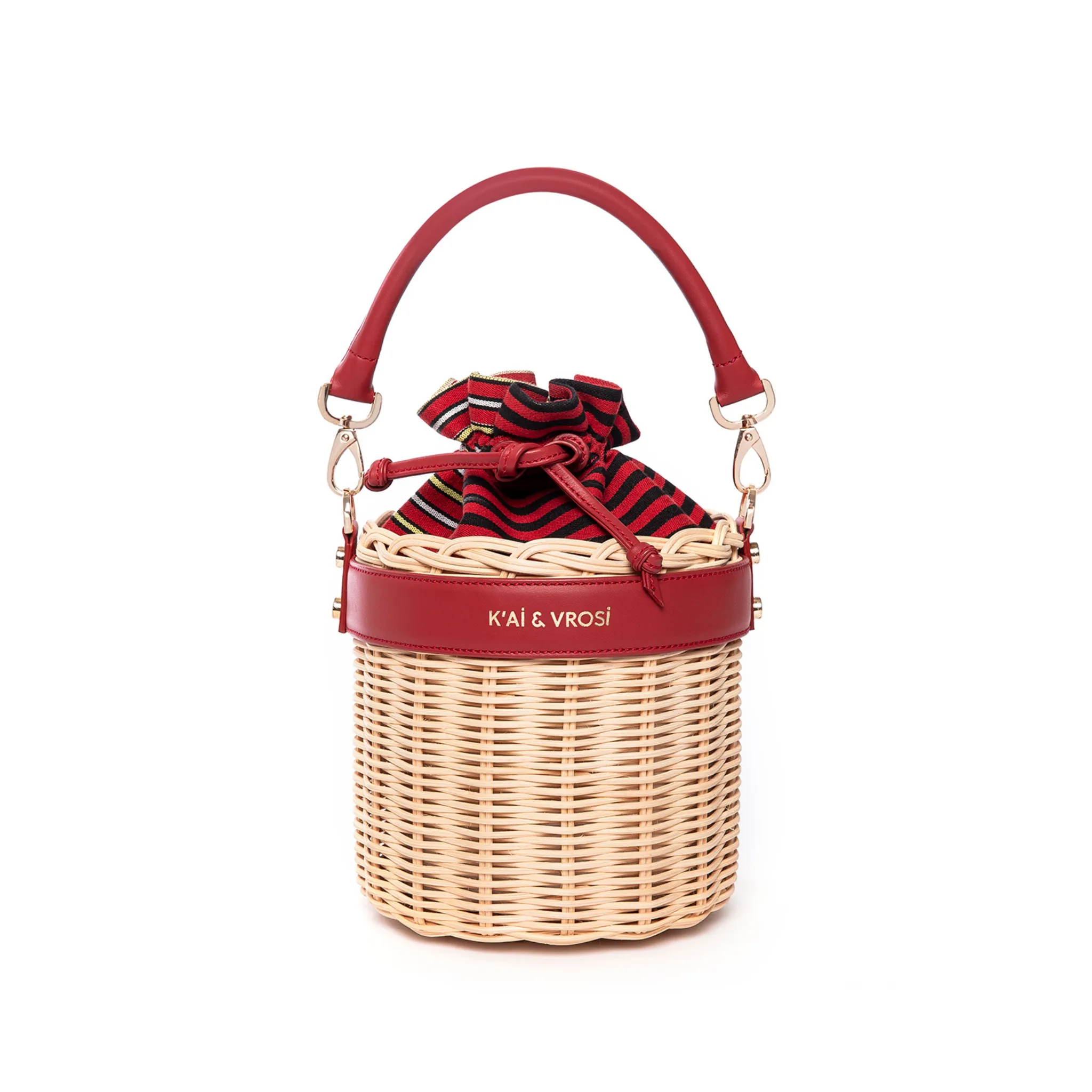 Red Leather & Straw Bucket Bag with Drawstring sold by Folklore Shop
