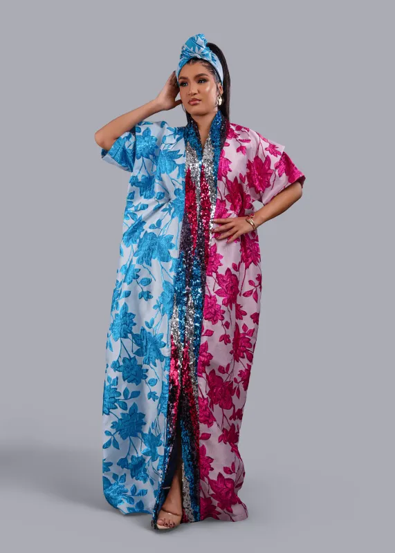 Zenzele Pink and Blue Floral Brocade Kimono Boubou. sold by Folklore Shop