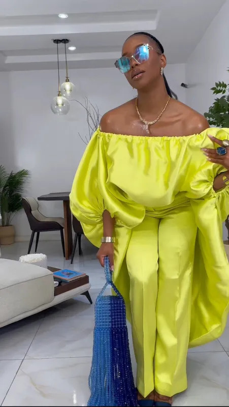 2- piece Kese neon cape high low and wide leg pant set sold by Folklore Shop