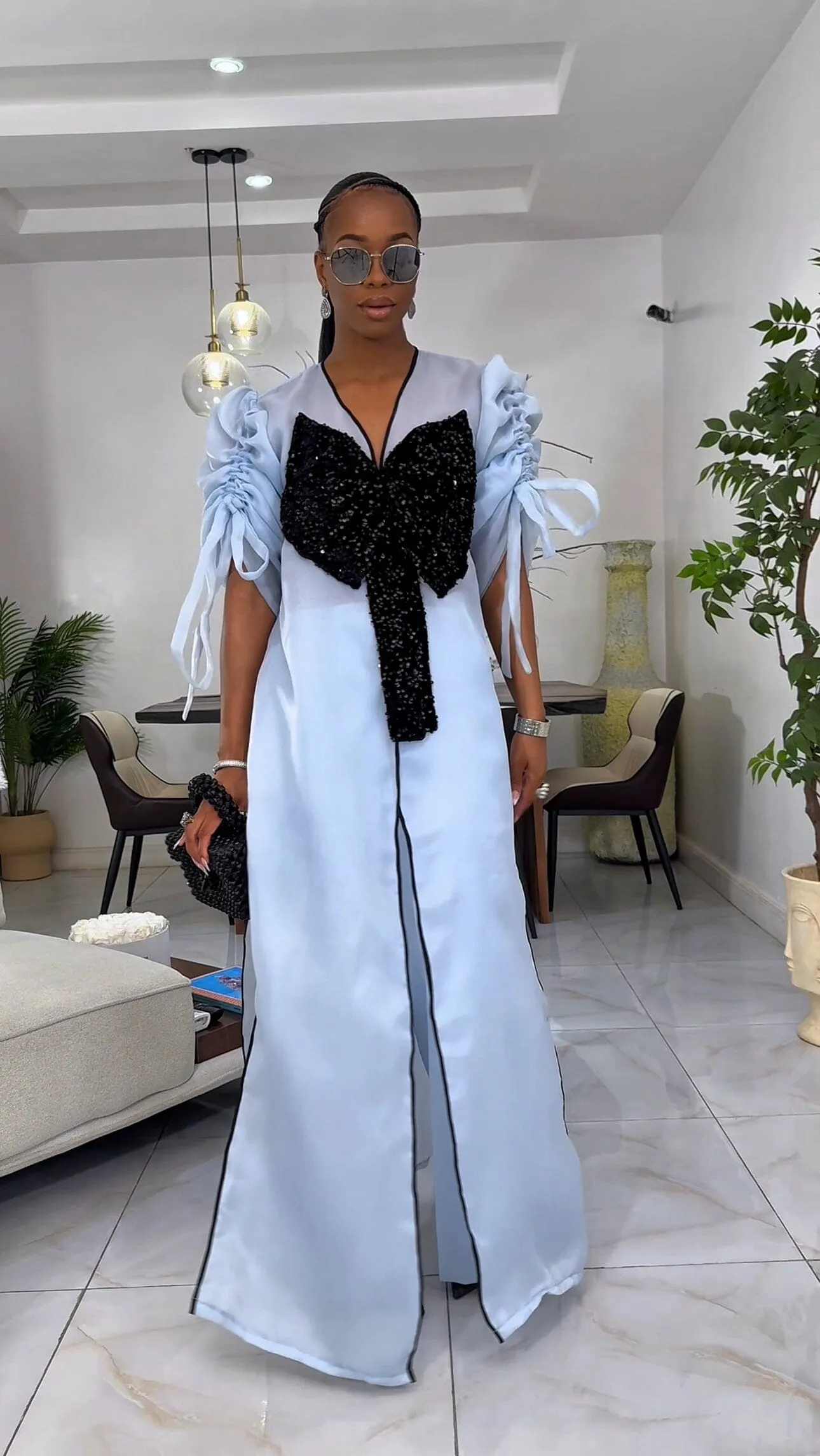 Blue kimono with black bow sequin and wide leg pant set. sold by Folklore Shop product image thumbnail 5
